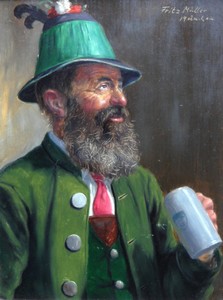 Fritz Muller - "Green Cap Stein" Oil on Masonite, 9" x 7"