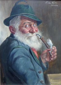 Fritz Müller "White Beard and Pipe" Oil on Masonite, 9" x 7"