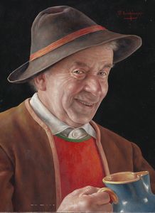 Otto Eichinger "Tyrolean with Mug" Oil on Masonite, 10" x 8"